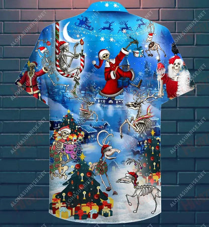 Happy Christmas With Skeleton Short Hawaiian Shirt Vacation Hawaiian T Shirts Best Hawaiian Shirts Hawaiian Shirts For Women, Hawaiian Shirt Gift, Christmas Gift