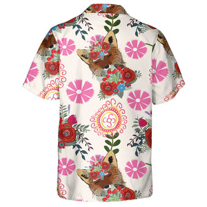 Wolf And Floral On Pink Background Hawaiian Shirt, Hwaiian For Gift