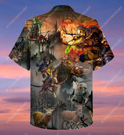 Skull Hunting Elk Short Sleeve Shirt Vacation Hawaiian T Shirts Custom Hawaiian Shirts Hawaiian Shirts For Women, Hawaiian Shirt Gift, Christmas Gift
