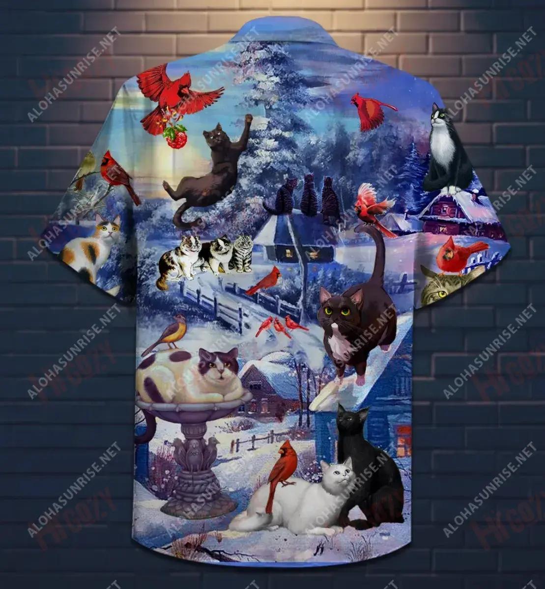 CCats Watching Cardinal Birds Short Hawaiian Shirt Summer Short Sleeve Tactical Hawaiian Shirt Hawaiian Shirt Pattern, Hawaiian Shirt Gift, Christmas Gift