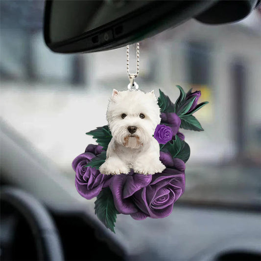 West Highland White Terrier In Purple Rose Car Hanging Ornament, Christmas Decoration