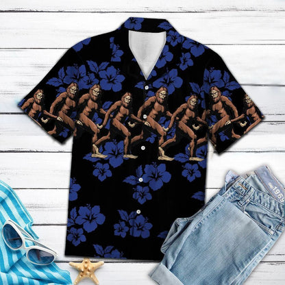 Awesome Big Foot Tropical Hibiscus On Black Pattern Hawaiian Shirt, Hawaiian Shirt Gift, Christmas Gift