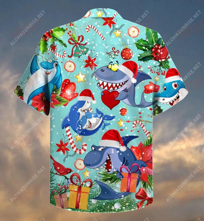Sharks Give Christmas Gifts Short Short Sleeve Shirt Vacation Hawaiian T Shirts Hawaiian Crazy Shirts Hawaiian Shirts For Women, Hawaiian Shirt Gift, Christmas Gift