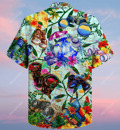 Travelling Through Binoculars Unisex Hawaiian Shirt, Hawaiian Shirt Gift, Christmas Gift