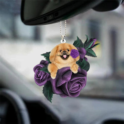 Pekingese In Purple Rose Car Hanging Ornament, Christmas Decoration