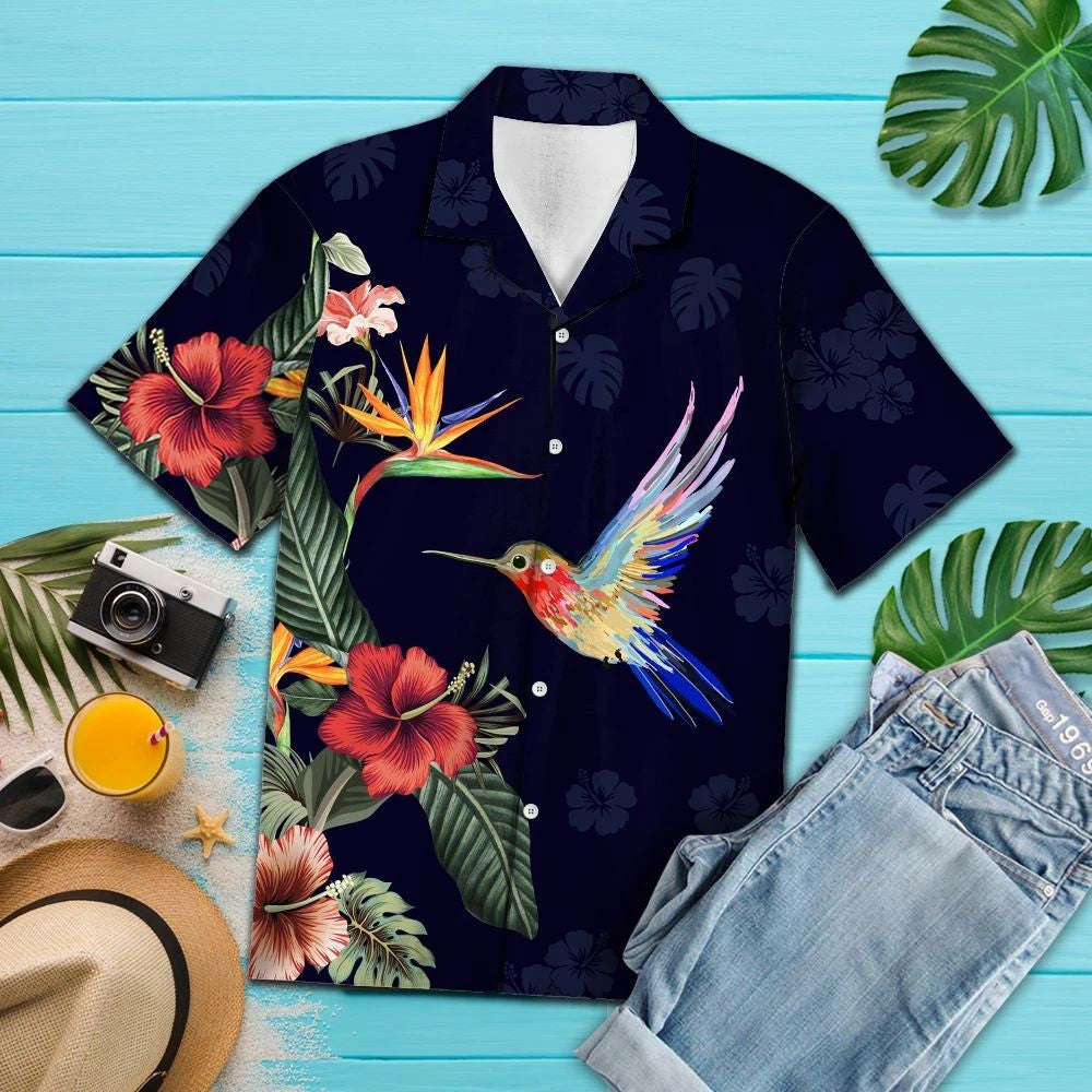Vivid Tropical Red Flower And Hummingbird Pattern Hawaiian Shirt, Hawaiian Shirt Gift, Christmas Gift
