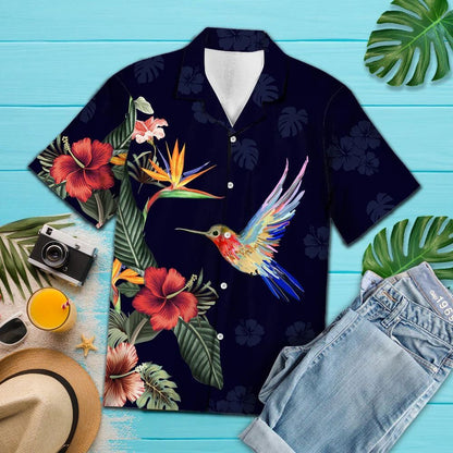 Vivid Tropical Red Flower And Hummingbird Pattern Hawaiian Shirt, Hawaiian Shirt Gift, Christmas Gift