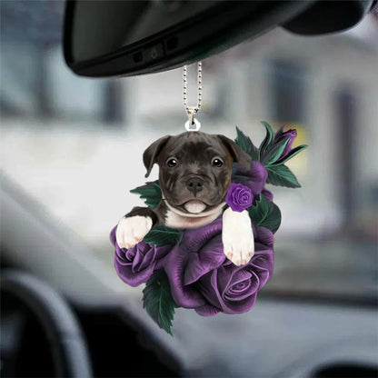 Staffordshire Bull Terrier In Purple Rose Car Hanging Ornament, Dog Ornament For Car, Christmas Decoration