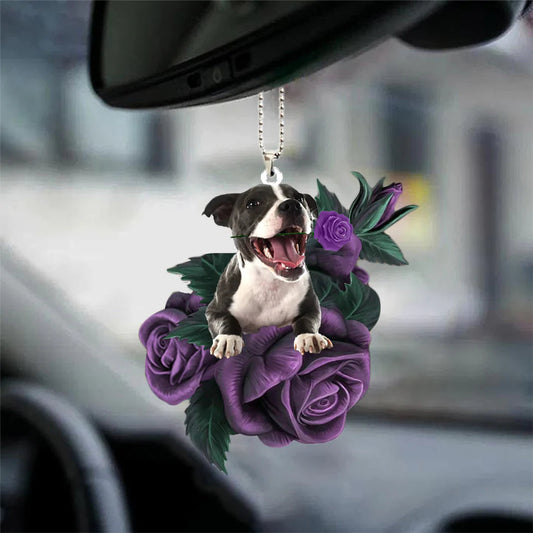 Staffordshire Bull Terrier In Purple Rose Car Hanging Ornament, Dog Hanging Ornament For Auto, Christmas Decoration