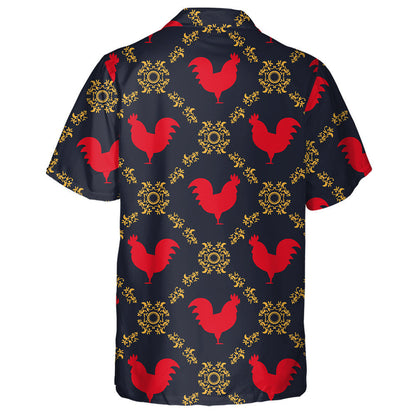 Red Chicken Rooster Texture With Gold Floral Ornament Hawaiian Shirt, Hawaiian Shirt Gift, Christmas Gift