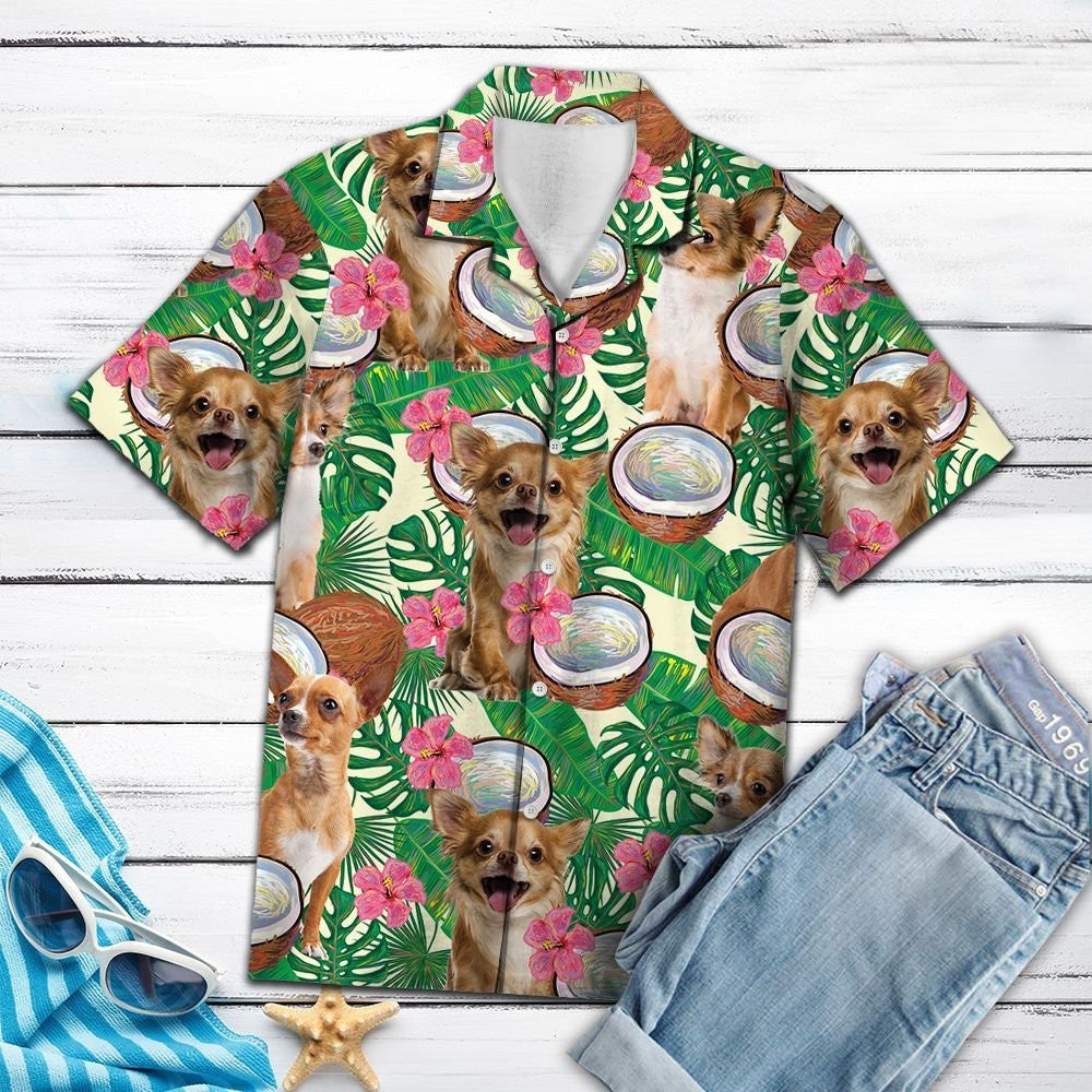 Happy Chihuahua Hide In Tropical Coconut Jungle Pattern Hawaiian Shirt, Hawaiian Shirt Gift, Christmas Gift