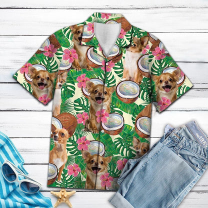 Happy Chihuahua Hide In Tropical Coconut Jungle Pattern Hawaiian Shirt, Hawaiian Shirt Gift, Christmas Gift