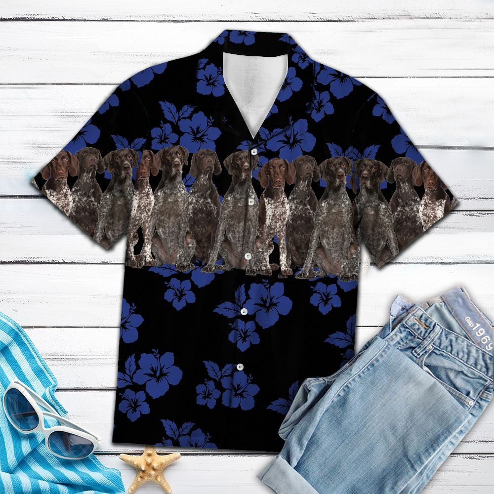 Awesome German Shorthaired Pointer On Navy Hibiscus Striped Hawaiian Shirt, Hawaiian Shirt Gift, Christmas Gift