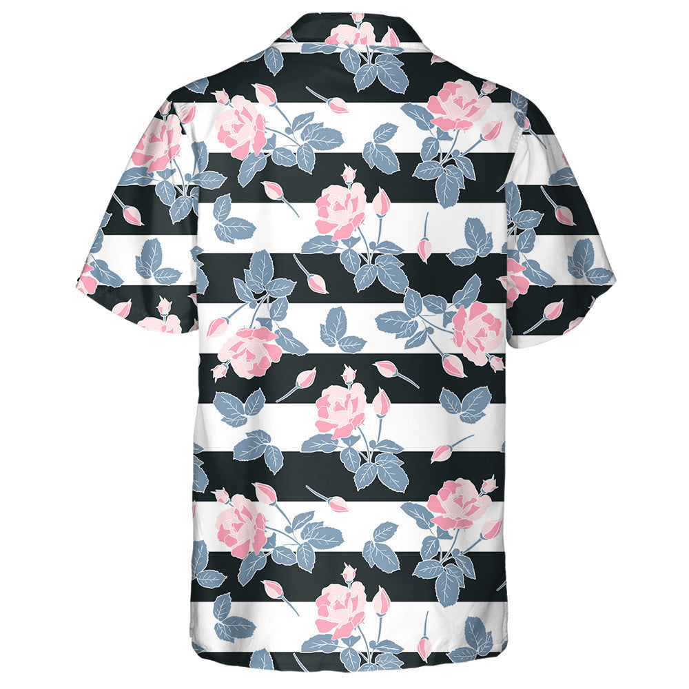 Black White Stripes Background With Watercolor Pink Rose Hawaiian Shirt, Hawaiian Shirt Gift, Christmas Gift