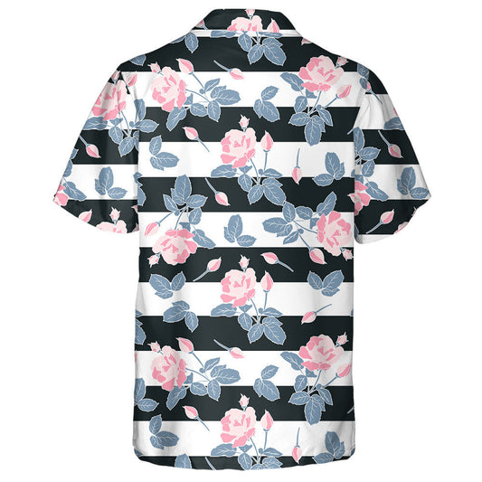 Black White Stripes Background With Watercolor Pink Rose Hawaiian Shirt, Hawaiian Shirt Gift, Christmas Gift