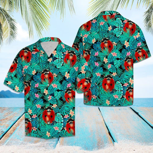 Ladybug Tropical Palm Leaves Summer Vacation Themed Hawaiian Shirt, Hawaiian Shirt Gift, Christmas Gift