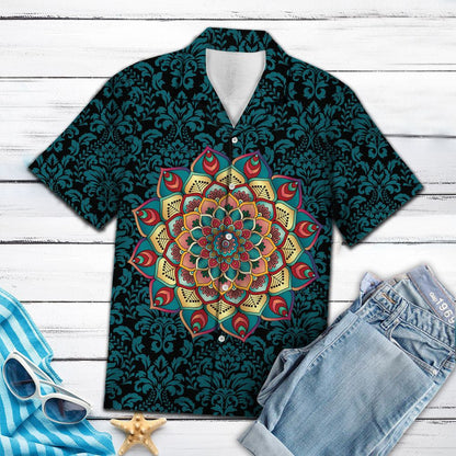 Black And Blue Darmask Mandala Style Flower Patchwork Hawaiian Shirt, Hawaiian Shirt Gift, Christmas Gift