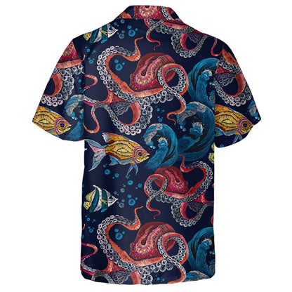 Embroidery Octopus Sea Waves Tropical Fishes Watercolor Design Hawaiian Shirt, Hawaiian Shirt Gift, Christmas Gift