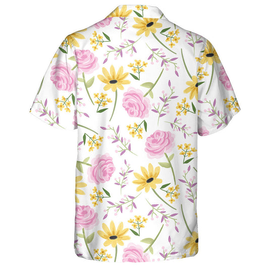 Charming Roses And Sunflowers Pattern On White Background Hawaiian Shirt, Hawaiian Shirt Gift, Christmas Gift