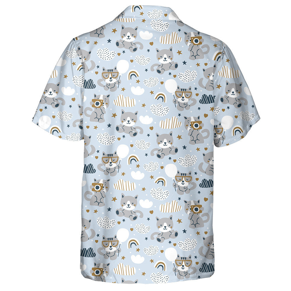Cute Cats Clouds And Rainbows On Blue Background Hawaiian Shirt, Hawaiian Shirt Gift, Christmas Gift