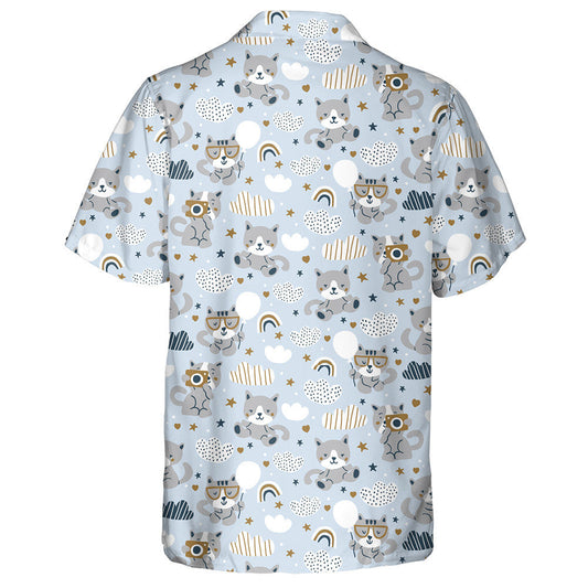 Cute Cats Clouds And Rainbows On Blue Background Hawaiian Shirt, Hawaiian Shirt Gift, Christmas Gift