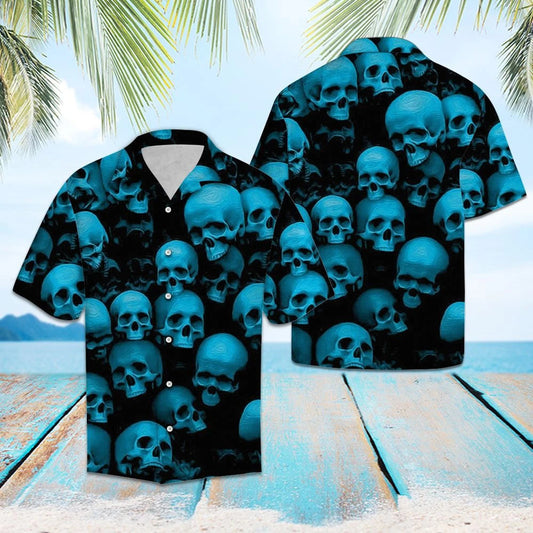 Awesome Black And Blue Gothic Skull Art Pattern Hawaiian Shirt, Hawaiian Shirt Gift, Christmas Gift