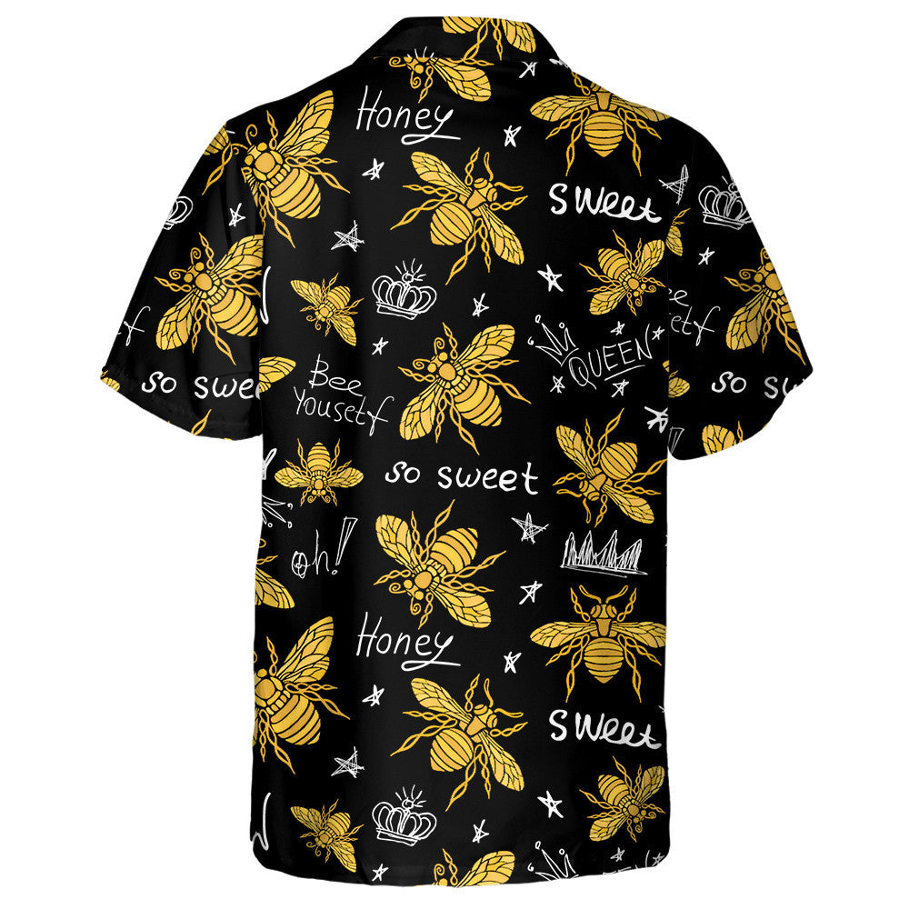 Black And Yellow Hand Drawn Golden Honey Bee Hawaiian Shirt, Hawaiian Shirt Gift, Christmas Gift