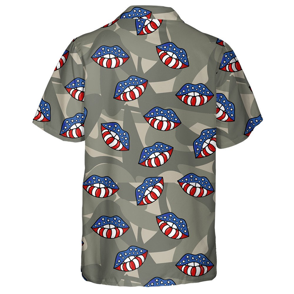 Lips Of The Flag Of America On Camouflage Military Background Hawaiian Shirt, Hawaiian Shirt Gift, Christmas Gift