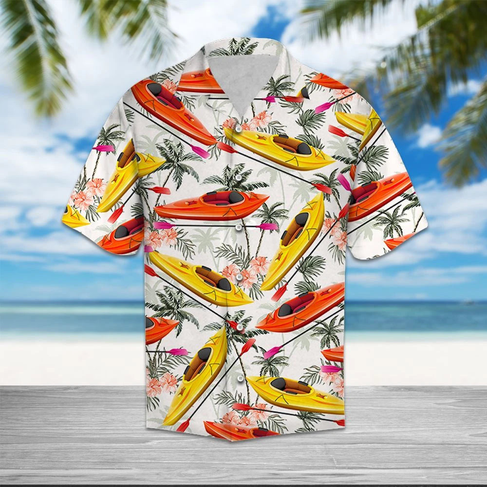 Kayak On Water Palm Trees Design Hawaiian Shirt, Hawaiian For Gift