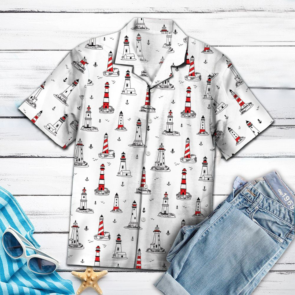 Hand Drawn Amazing Lighthouse On Beige Themed Hawaiian Shirt, Hawaiian Shirt Gift, Christmas Gift