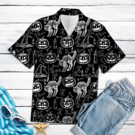 Halloween White Cat And Pumpkin Faces In Black Hawaiian Shirt, Hawaiian Shirt Gift, Christmas Gift