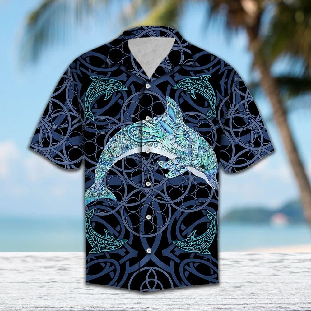 Hand Drawn Dolphin Jumping Blue Mandala Artwork Pattern Hawaiian Shirt, Hawaiian Shirt Gift, Christmas Gift