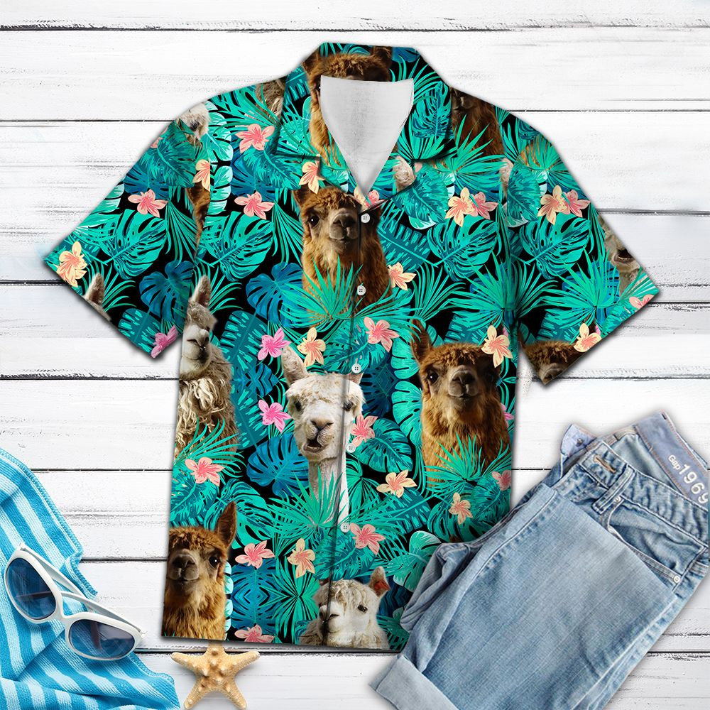 Llama Tropical Palm Tree Leaves Summer Vacation Aloha Hawaiian Shirt, Hawaiian Shirt Gift, Christmas Gift