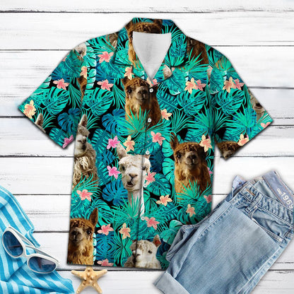 Llama Tropical Palm Tree Leaves Summer Vacation Aloha Hawaiian Shirt, Hawaiian Shirt Gift, Christmas Gift