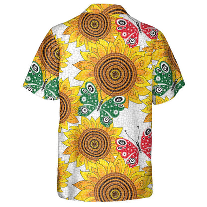 Spring Pattern With Sunflowers And Red And Green Butterflies Hawaiian Shirt, Hawaiian Shirt Gift, Christmas Gift