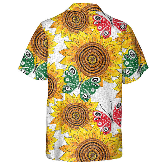 Spring Pattern With Sunflowers And Red And Green Butterflies Hawaiian Shirt, Hawaiian Shirt Gift, Christmas Gift