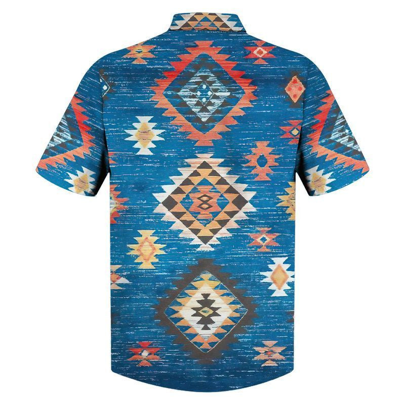 Native American Hawaiian Shirt Brilliant Triangle Pattern Blue Background, Hawaiian Shirt Gift, Christmas Gift