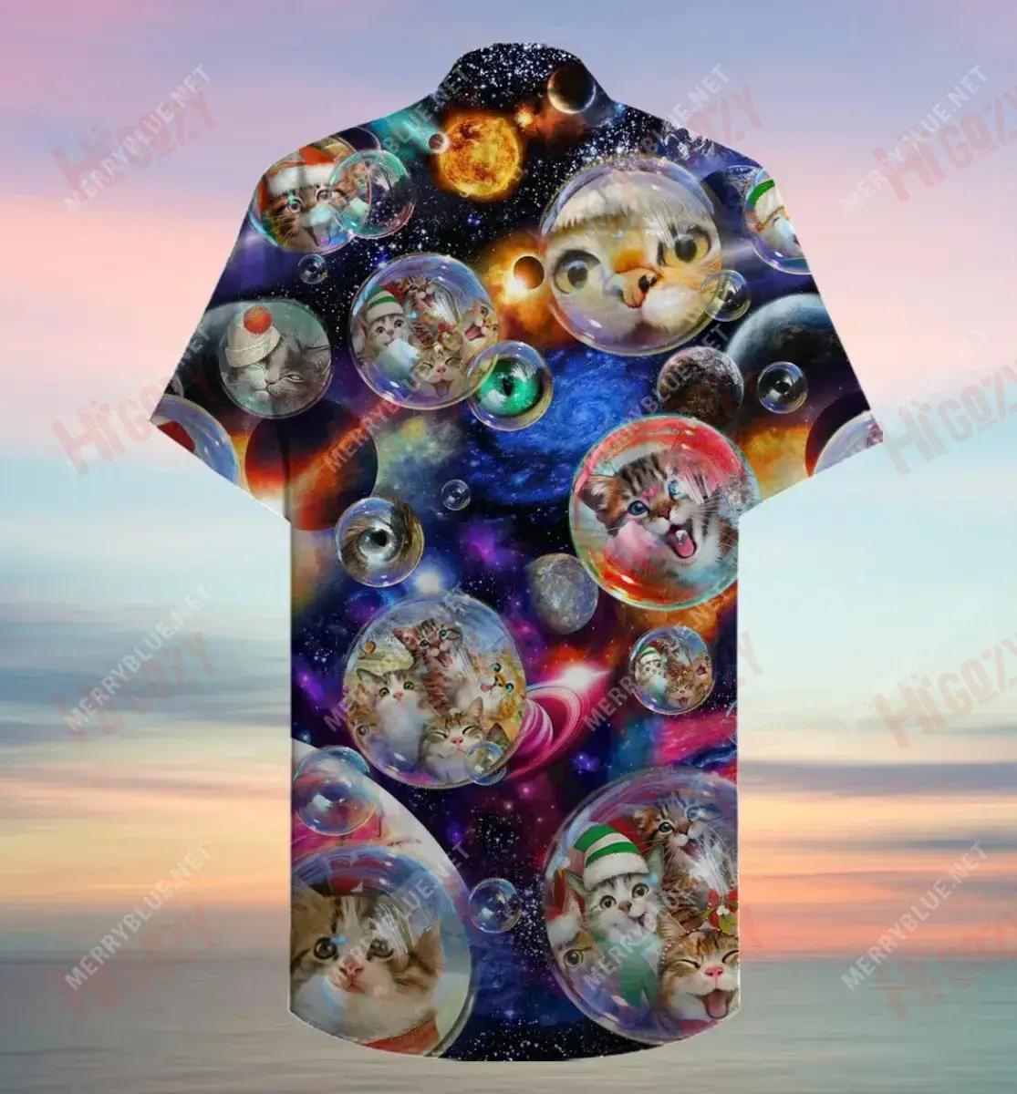 Funny Bubble Cats Christmas Short Short Sleeve Shirt Vacation Hawaiian T Shirts Best Hawaiian Shirts Hawaiian Shirts For Men, Hawaiian Shirt Gift, Christmas Gift
