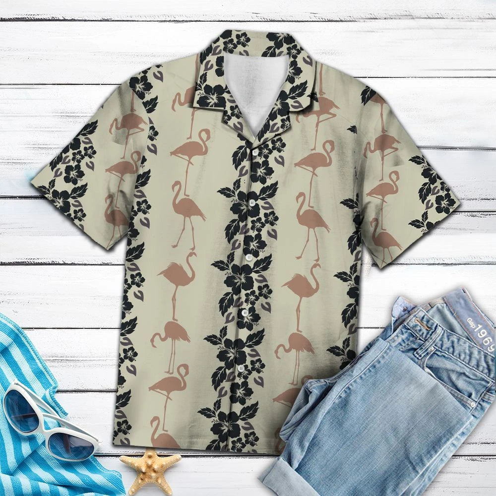 Tropical Flamingo And Black Hibiscus Pattern Hawaiian Shirt,Hawaiian Shirt Gift, Christmas Gift