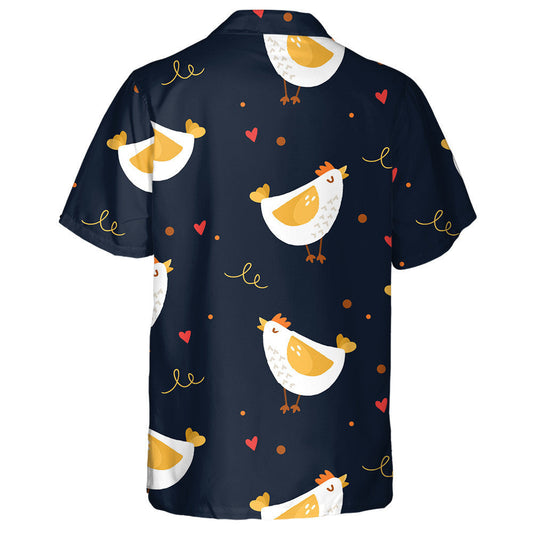 Cute Cartoon Chicken And Hearts On Black Background Hawaiian Shirt, Hawaiian Shirt Gift, Christmas Gift