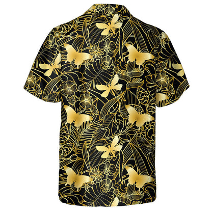 Golden Butterfly And Tropical Flowers Plants Hawaiian Shirt,Hawaiian Shirt Gift, Christmas Gift