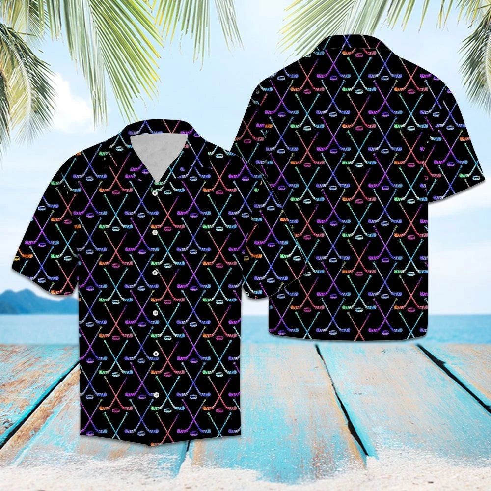 Hawaiian Shirt Bright Neon Hockey Sticks And Balls In Black, Hawaiian Shirt Gift, Christmas Gift
