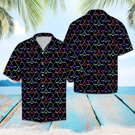Hawaiian Shirt Bright Neon Hockey Sticks And Balls In Black, Hawaiian Shirt Gift, Christmas Gift