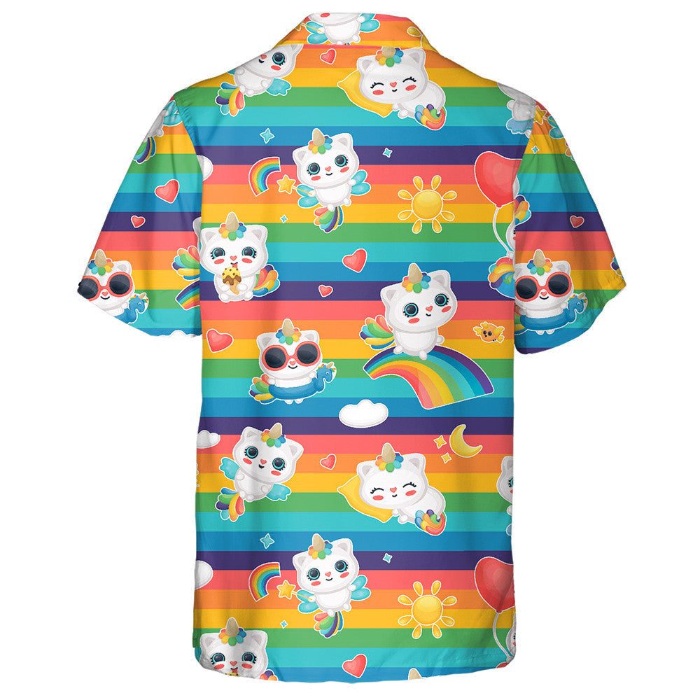 Fantasy Cat With Unicorn Horn On The Rainbow Background Hawaiian Shirt, Hawaiian Shirt Gift, Christmas Gift