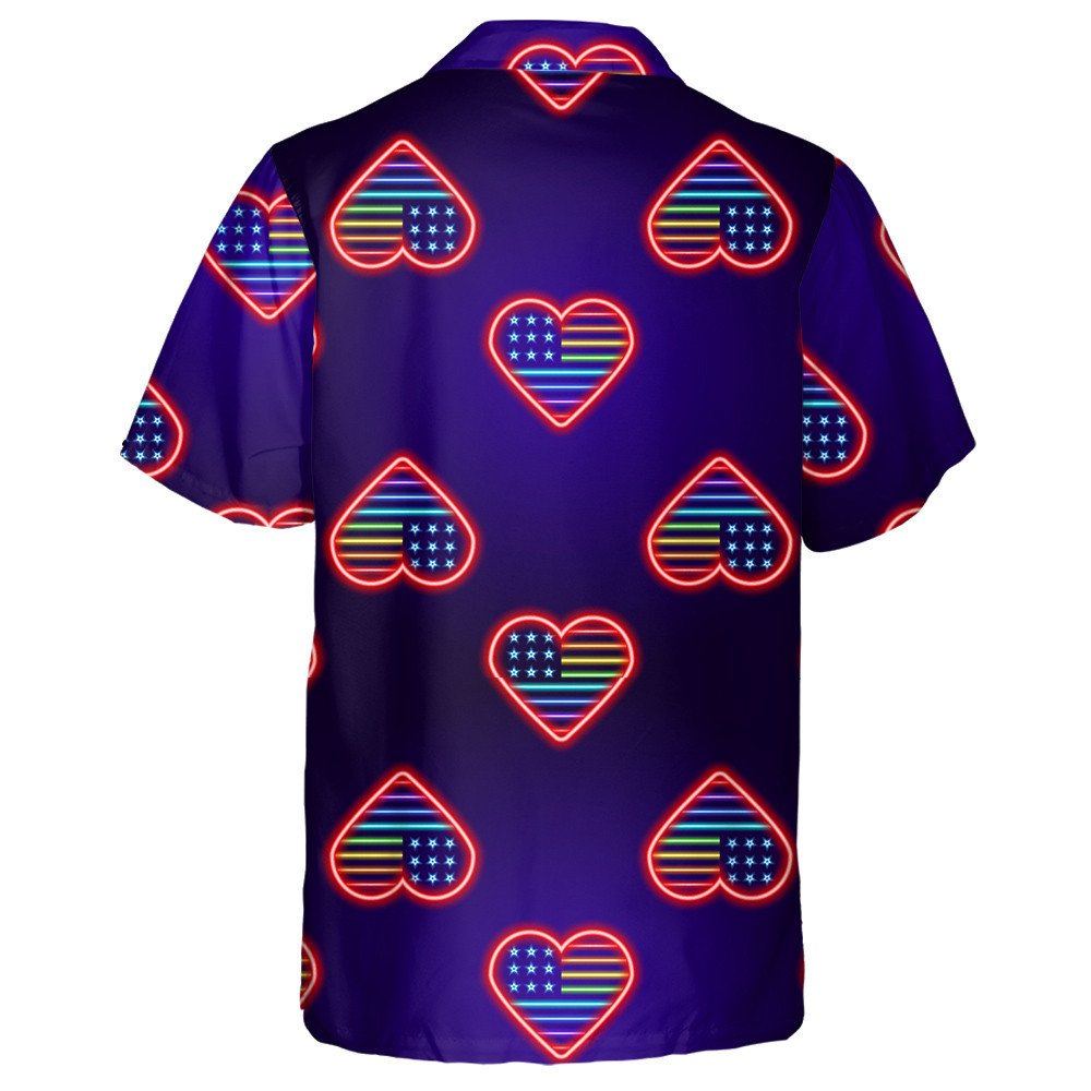 Ideal Neon Heart American Flag Monochrome Blue Background Hawaiian Shirt, Hawaiian Shirt Gift, Christmas Gift