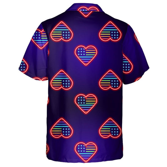 Ideal Neon Heart American Flag Monochrome Blue Background Hawaiian Shirt, Hawaiian Shirt Gift, Christmas Gift