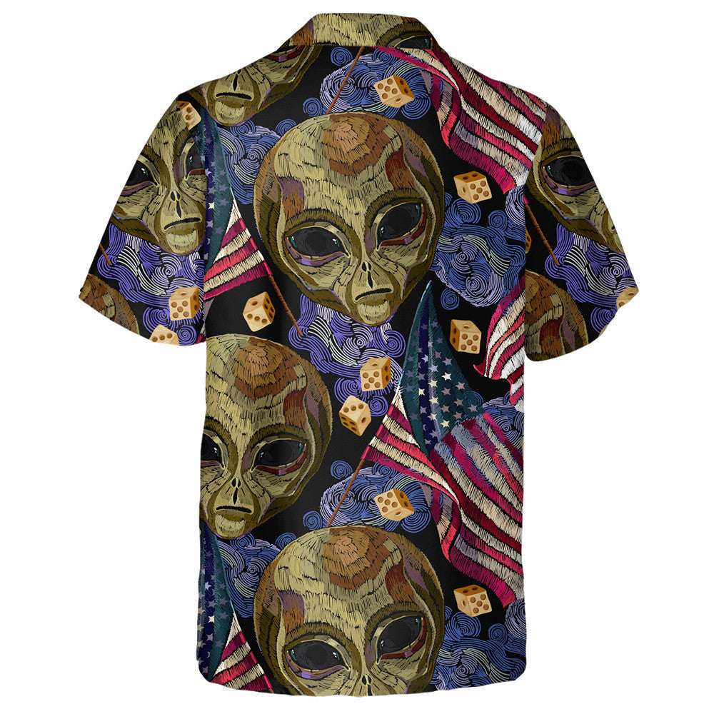 Creepy Alien Head Rippled American Flag Embroidery Pattern Hawaiian Shirt, Hawaiian Shirt Gift, Christmas Gift