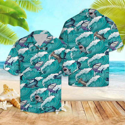 Awesome Shark Jumping Over Sea Waves Pattern Hawaiian Shirt, Hawaiian Shirt Gift, Christmas Gift