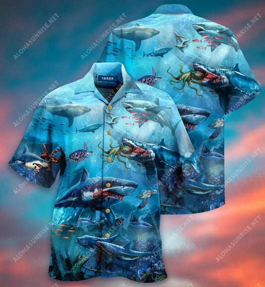 Look At The Sharks Hunting Short Short Sleeve Shirt Summer Hawaiian T Shirts Best Hawaiian Shirts Hawaiian Shirt Pattern, Hawaiian Shirt Gift, Christmas Gift