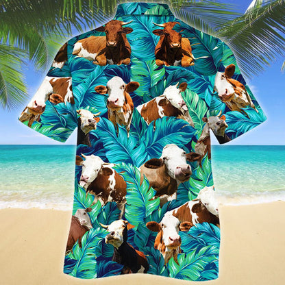 Simmental Cute Cattle Hawaiian Shirt Blue And Green Tropical Leave, Hawaiian Shirt Gift, Christmas Gift